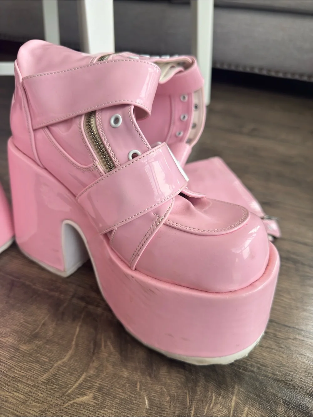 DEMONIA Platform Knee-High Buckle Boots - Pink